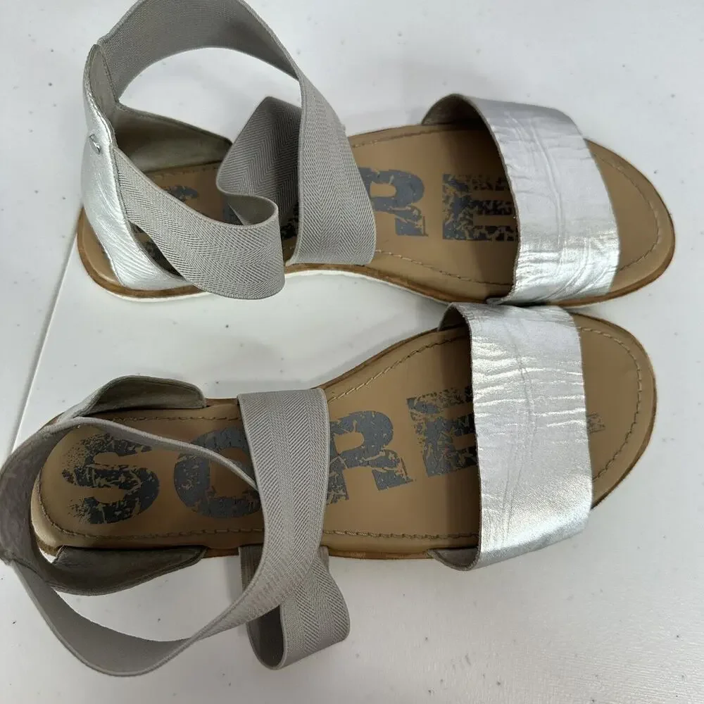 Sorel Sandals Womens 9.5 Silver Cross Strap Flat‎ Slip On Leather Ella